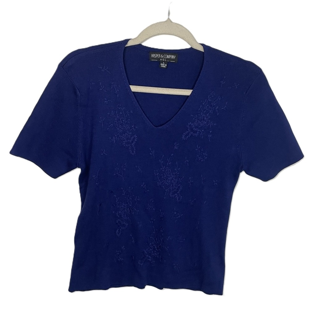 Kasper & Company Large Silk Cobalt Royal Blue‎ Embroidered V-Neck Top Runs Small